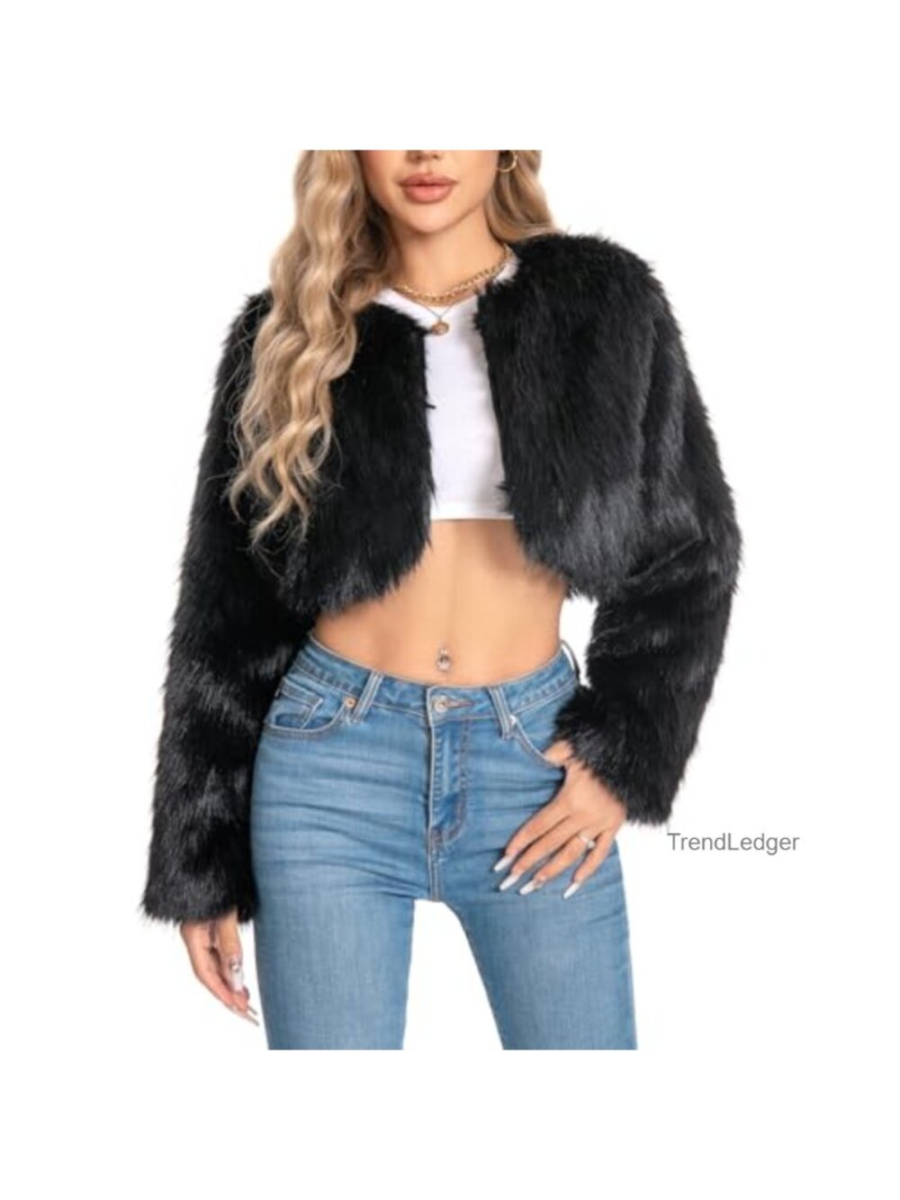 Women's Cropped Faux Fur Fuzzy Jacket Fluffy Fall Winter Coat Long Sleeve